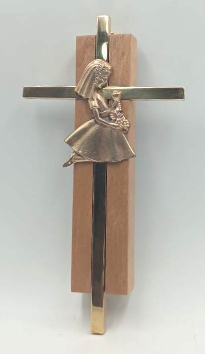 Cruz Primera Comunión Niña - bronce y madera