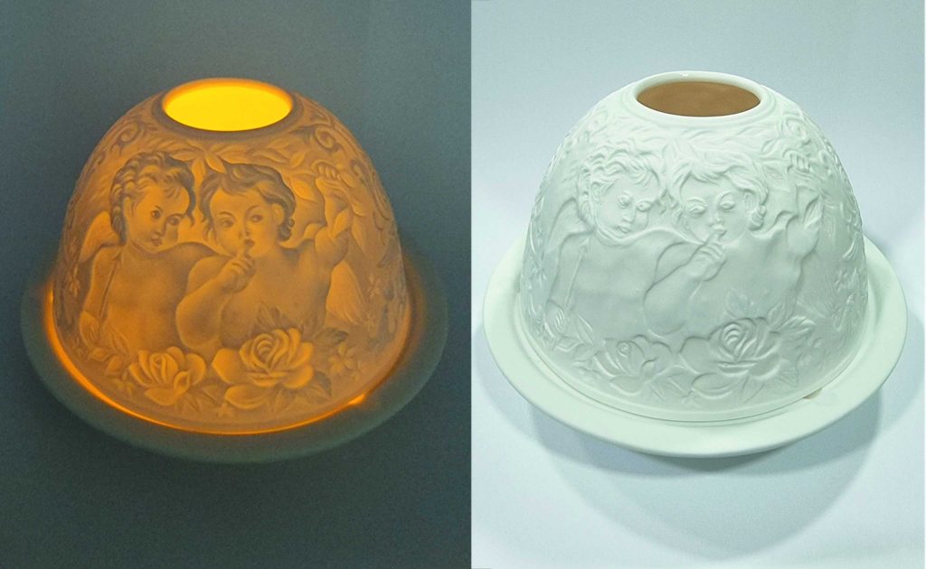 Lampara de porcelana alemana con angeles querubines