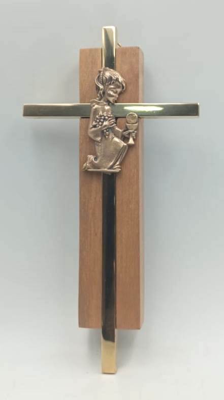 Cruz 1ª Comunión Niña con túnica - madera y bronce